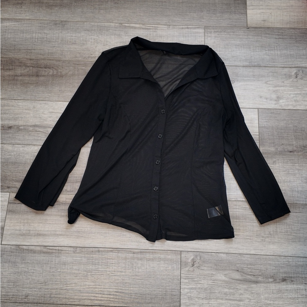 Fashion Nova Black Mesh Button-Down Collared Top - Workplace- Sheer